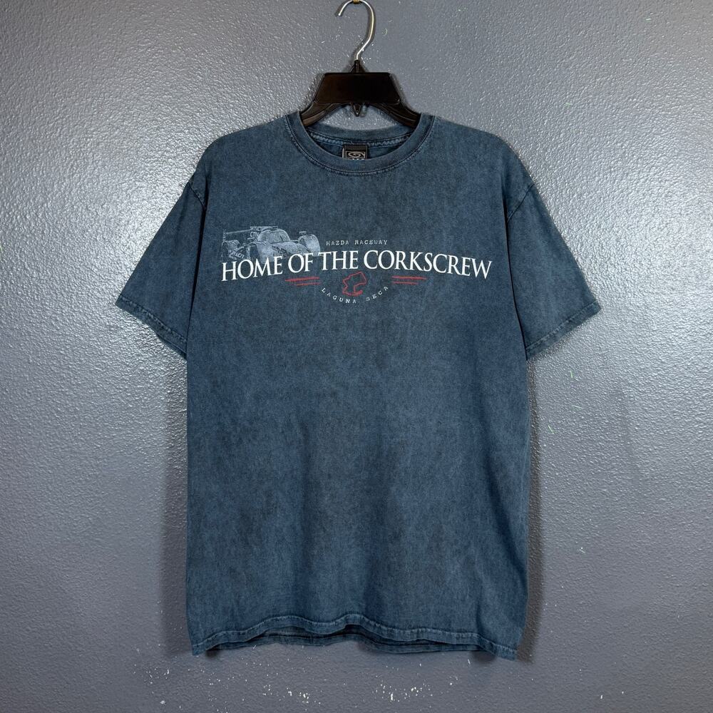 E.M.I M men’s blue Mazda Raceway Home Of The Corkscrew car vintage t-shirt